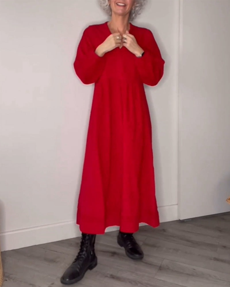 2023 Fall Winter Women's Solid Color V-Neck Dress