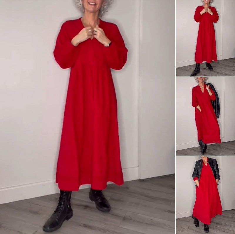 2023 Fall Winter Women's Solid Color V-Neck Dress
