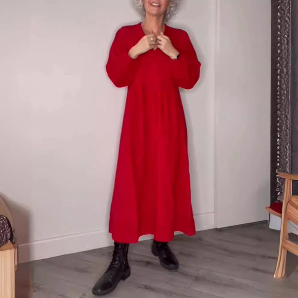 2023 Fall Winter Women's Solid Color V-Neck Dress